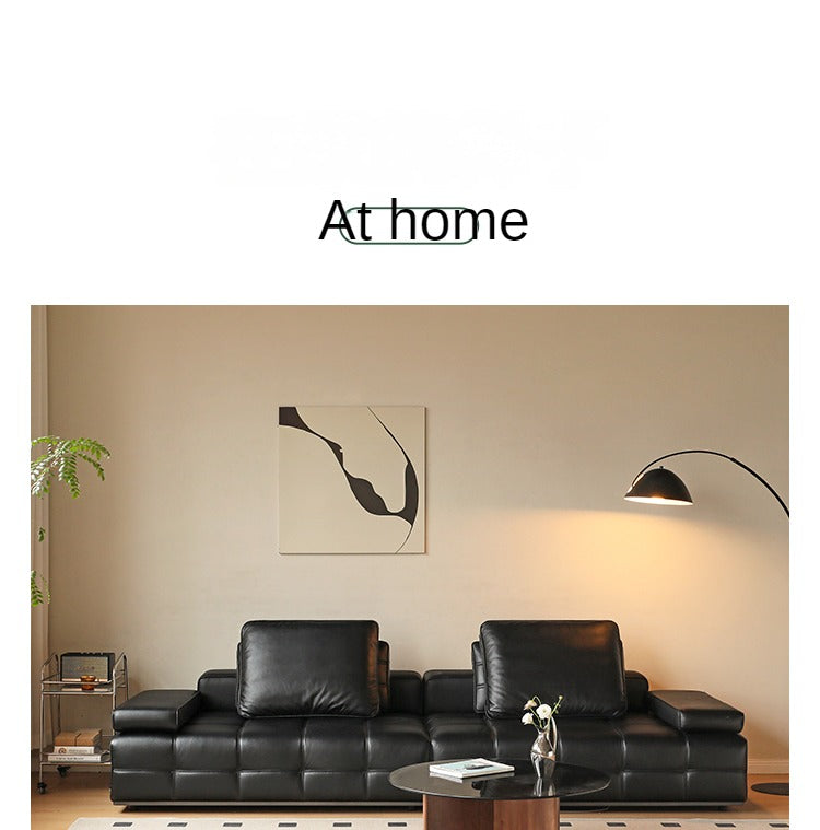 Leather Sofa Italian Black Straight Head Layer Yellow Cowhide.