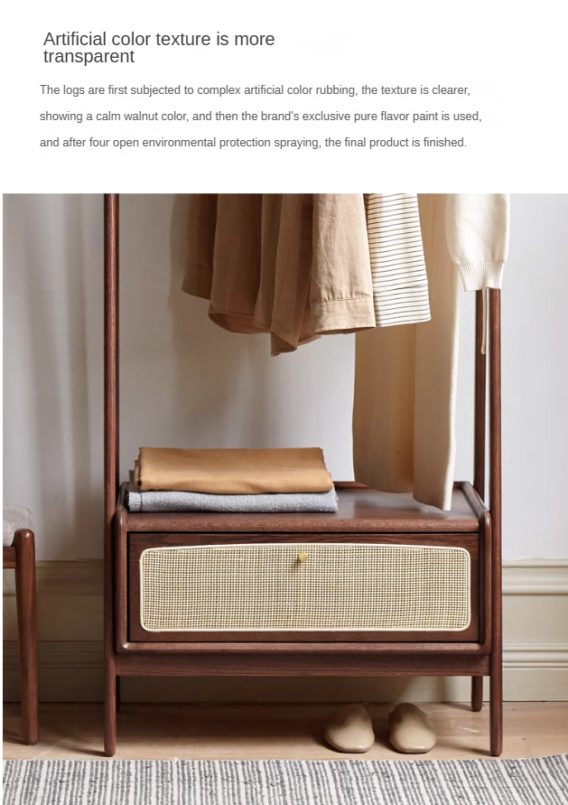 Oak Solid Wood Rattan Hanger Multi-Functional Coat Rack