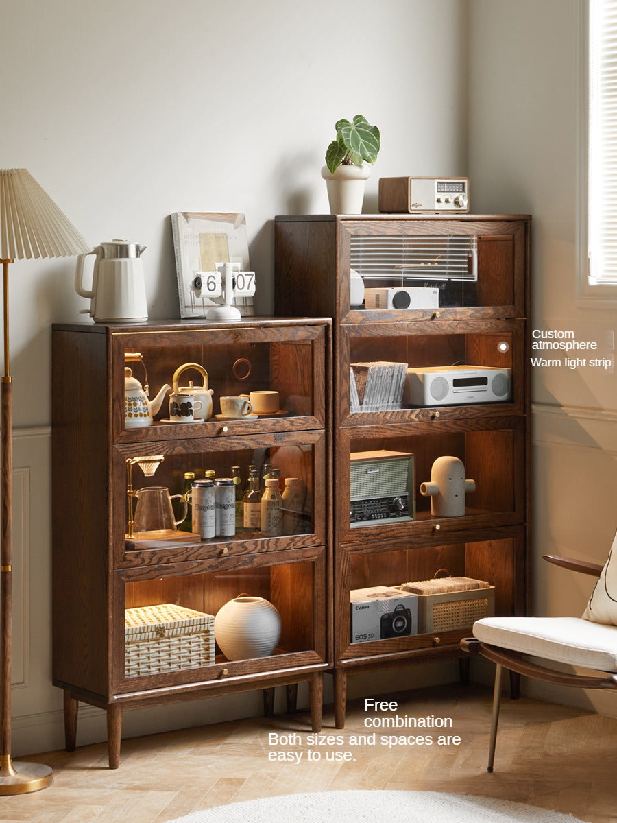 Black Walnut, Oak Solid Wood Glass Flip Door Bookcase, Side Cabinet