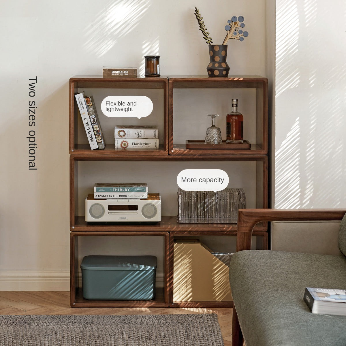 Black Walnut, Oak Solid Wood Small Combination Bookcase.
