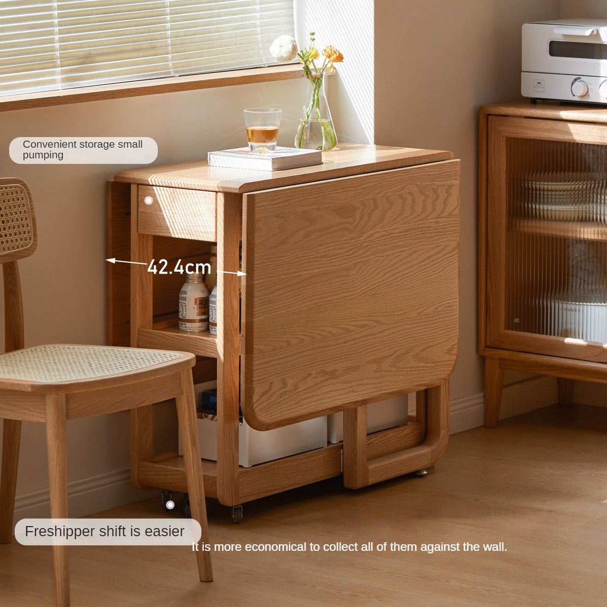 Oak Solid Wood Folding Multi-Functional Storage Telescopic Dining Table