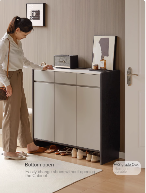 Oak, Rubberwood Solid Wood Porch Cabinet, Shoe Cabinet Slate Top