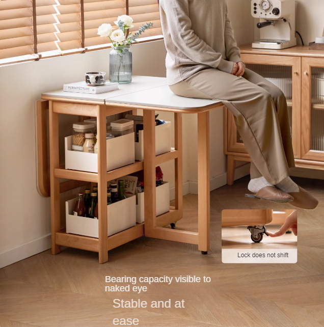 Beech Solid Wood Folding Movable Rock Plate Dining Table