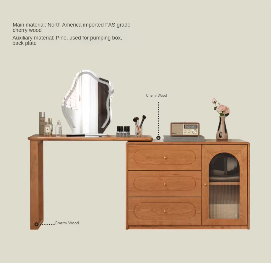 Cherry Solid Wood Retractable French Retro Dressing Table.