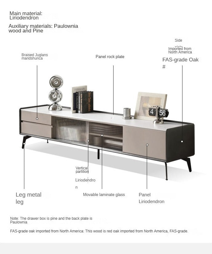 Oak Solid Wood Light Luxury Rock Slab Double Drawer TV Cabinet