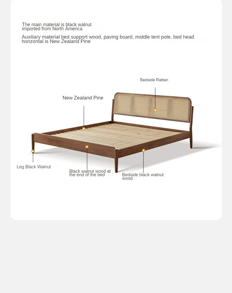 North American Black Walnut Solid Wood Rattan Bed