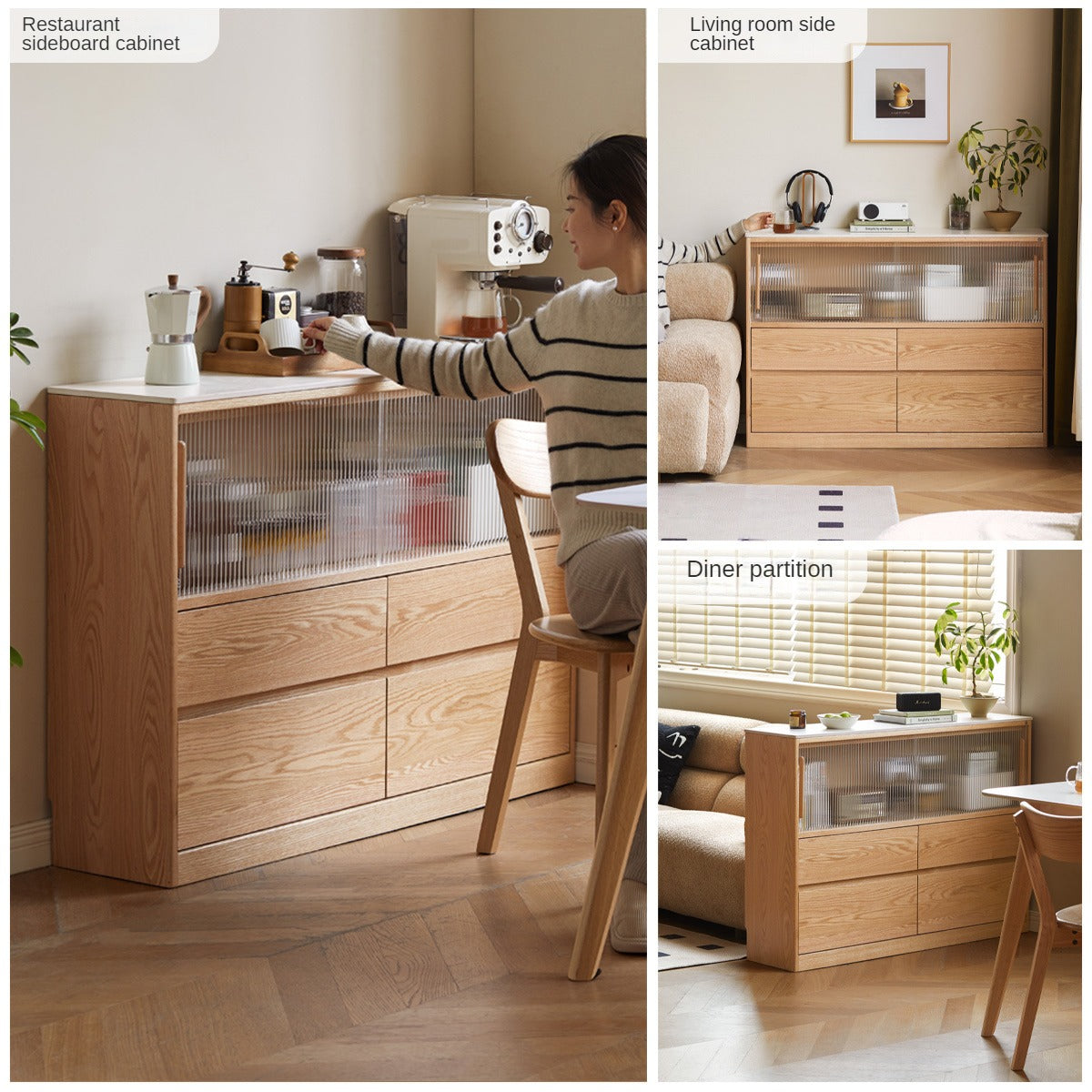 Oak Solid Wood, Solid RubberWood Slate Ultra-Narrow Sideboard