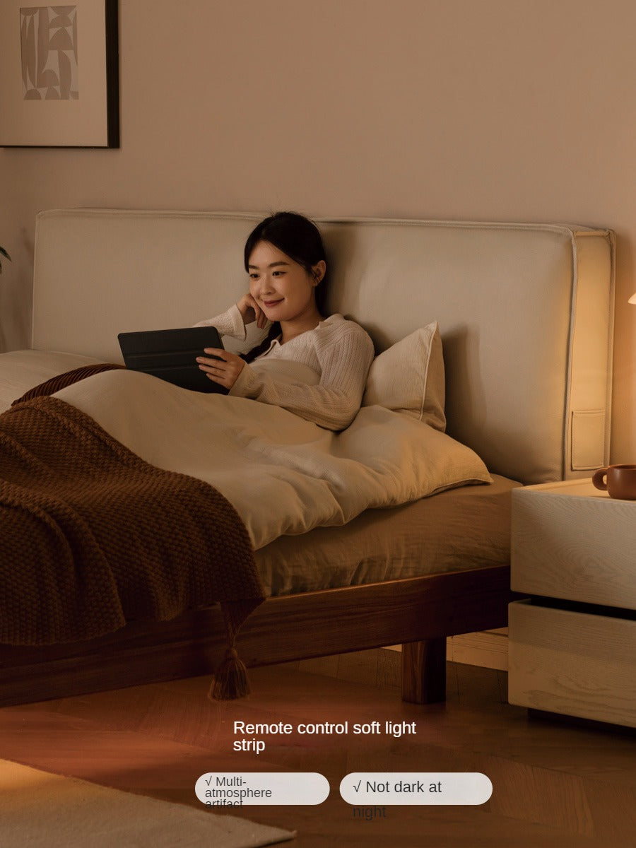 Teak, Black Walnut Solid Wood Genuine Leather Suspended Bed with Light