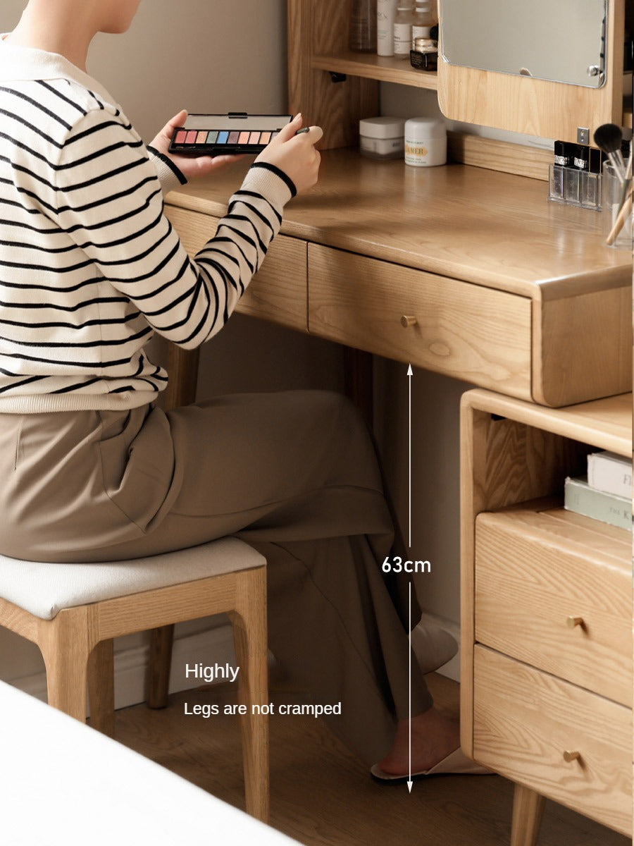 Ash Solid Wood Vanity Table with Mirror Shelf & Flip Cover.