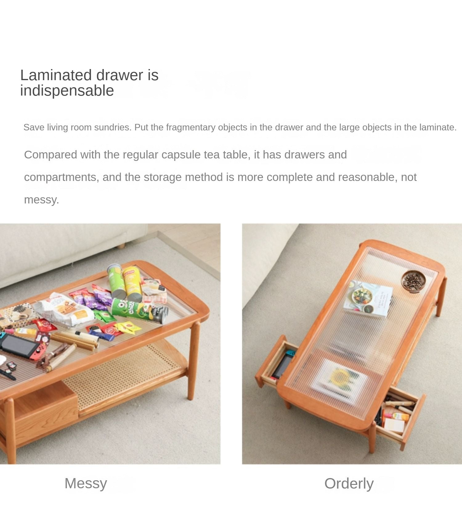 Cherry Solid Wood Coffee Table Glass, Rattan