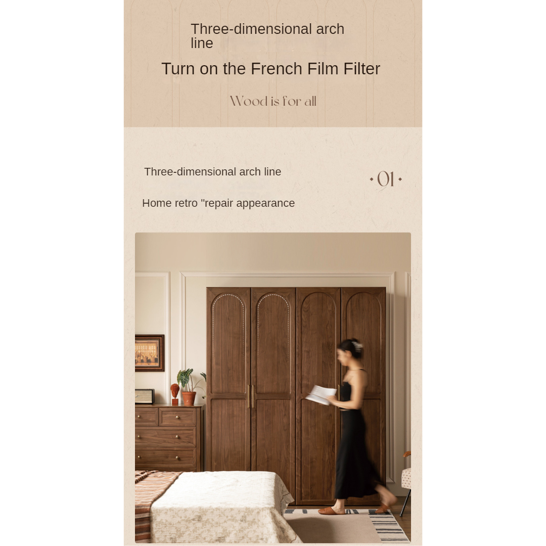 Black Walnut Solid Wood French Retro Wardrobe.