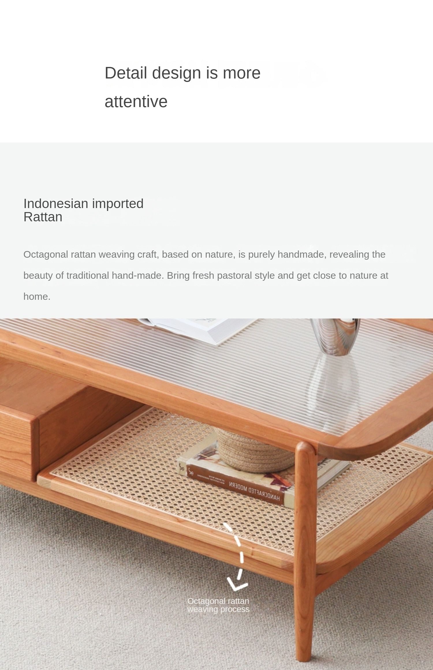 Cherry Solid Wood Coffee Table Glass, Rattan