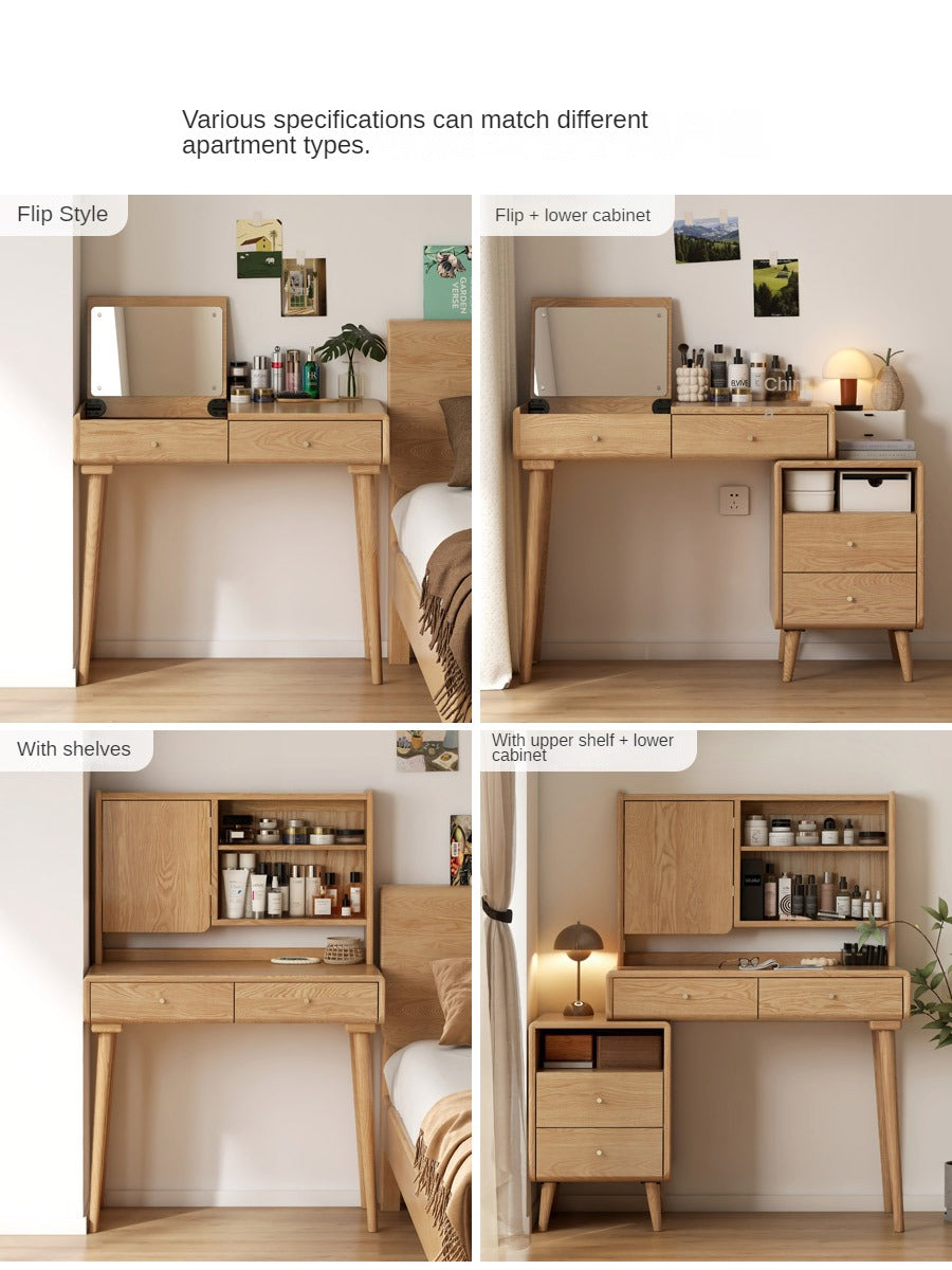 Ash Solid Wood Vanity Table with Mirror Shelf & Flip Cover.