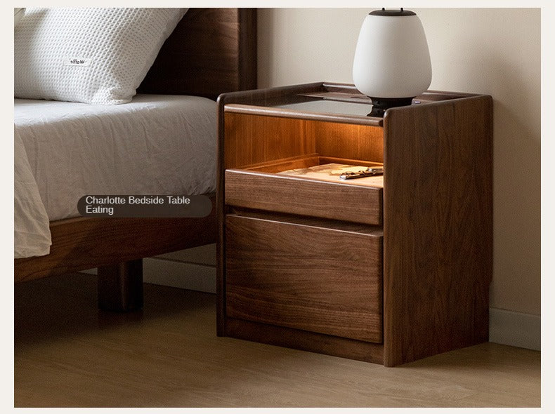 Teak, Black Walnut Solid Wood Bed Leather Soft Bed with Socket