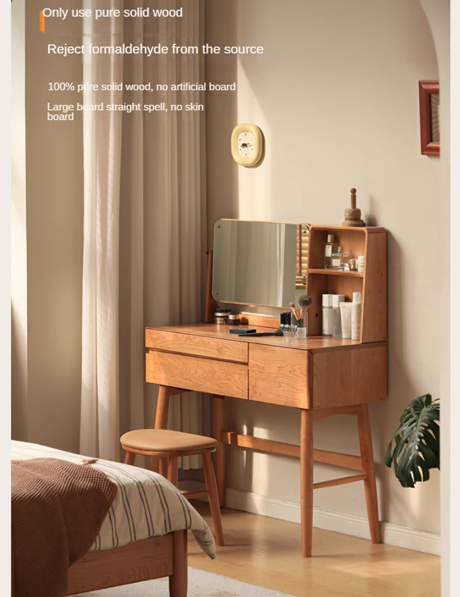 Cherry Solid Wood Vanity Table Nordic Makeup Mirror.