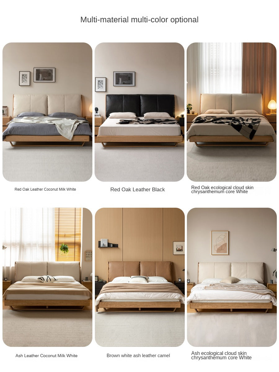 Oak, Ash Solid Wood Leather Soft Bed Italian Light Luxury.