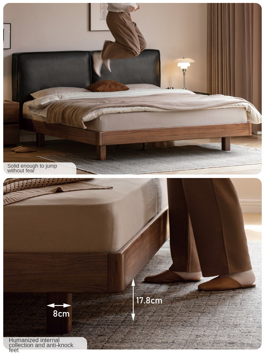 Teak, Black Walnut Solid Wood Genuine Leather Suspended Bed with Light