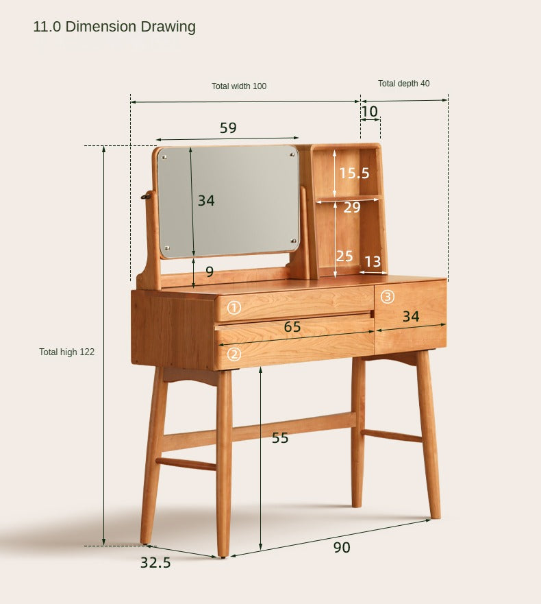 Cherry Solid Wood Dressing Table Nordic Makeup Mirror.