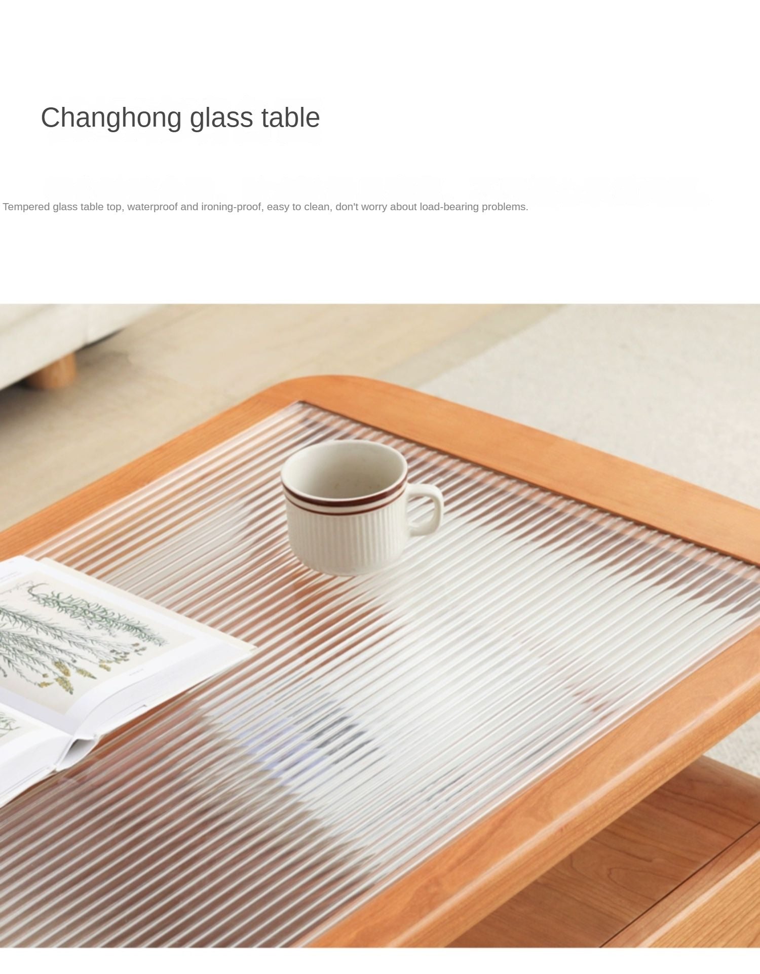 Cherry Solid Wood Coffee Table Glass, Rattan