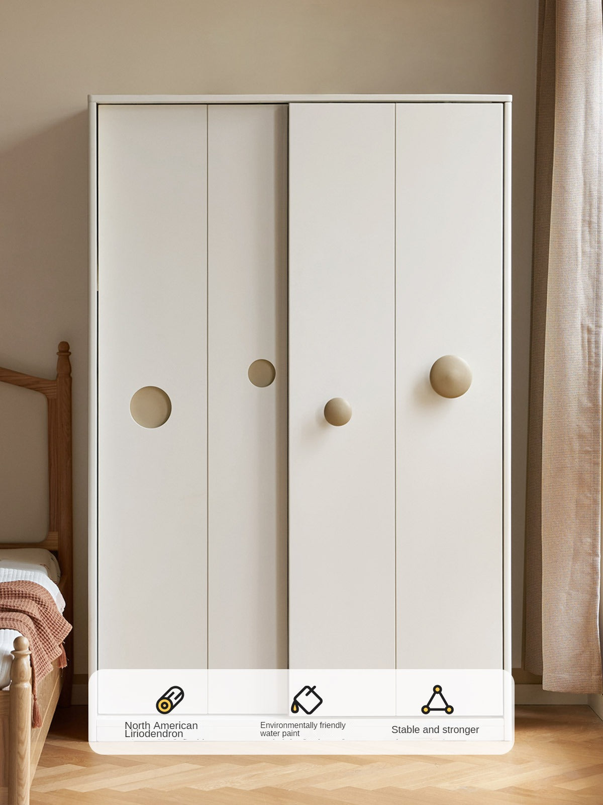 Birch Solid Wood Children's Wardrobe Cream Sliding Door