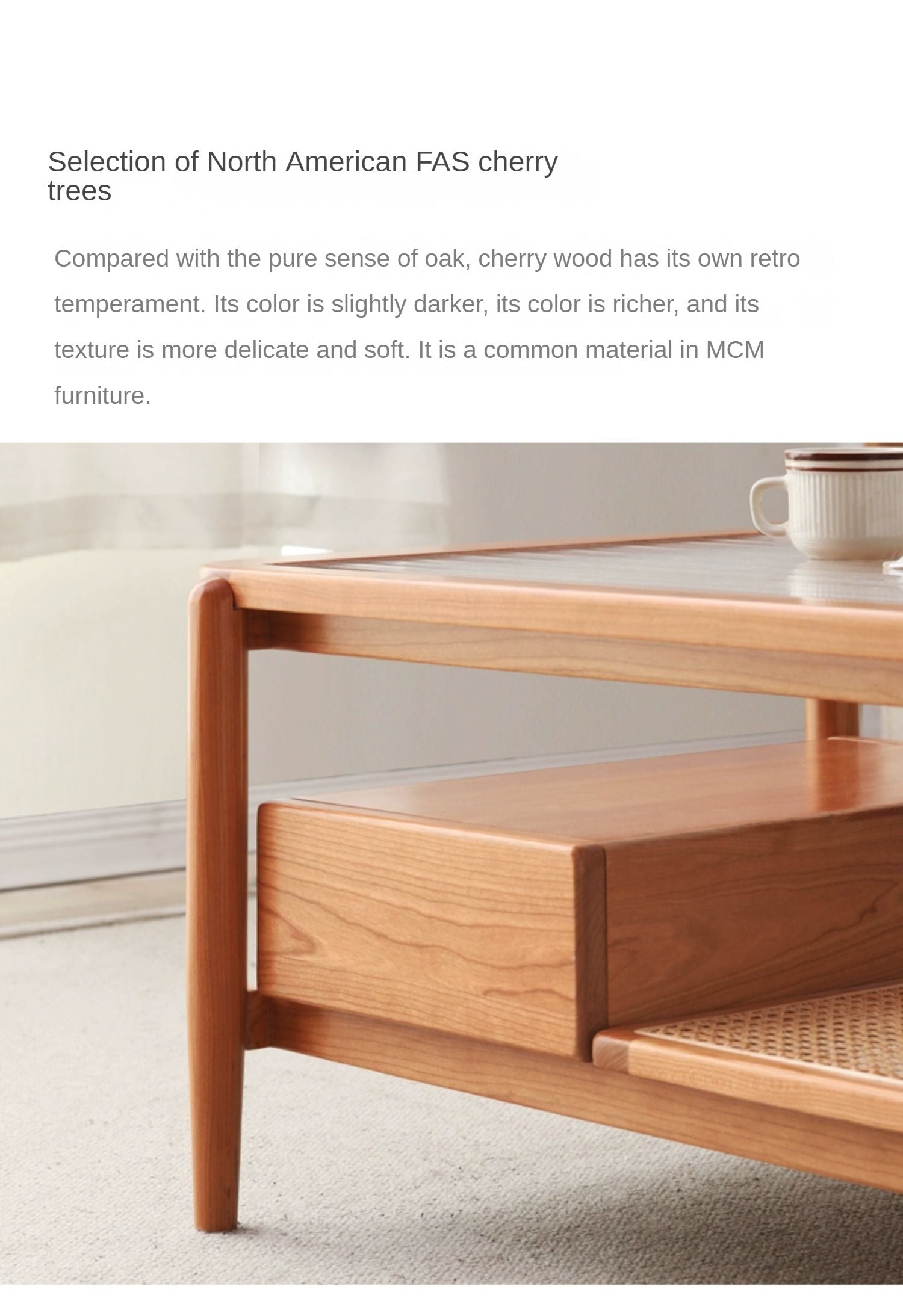Cherry Solid Wood Coffee Table Glass, Rattan