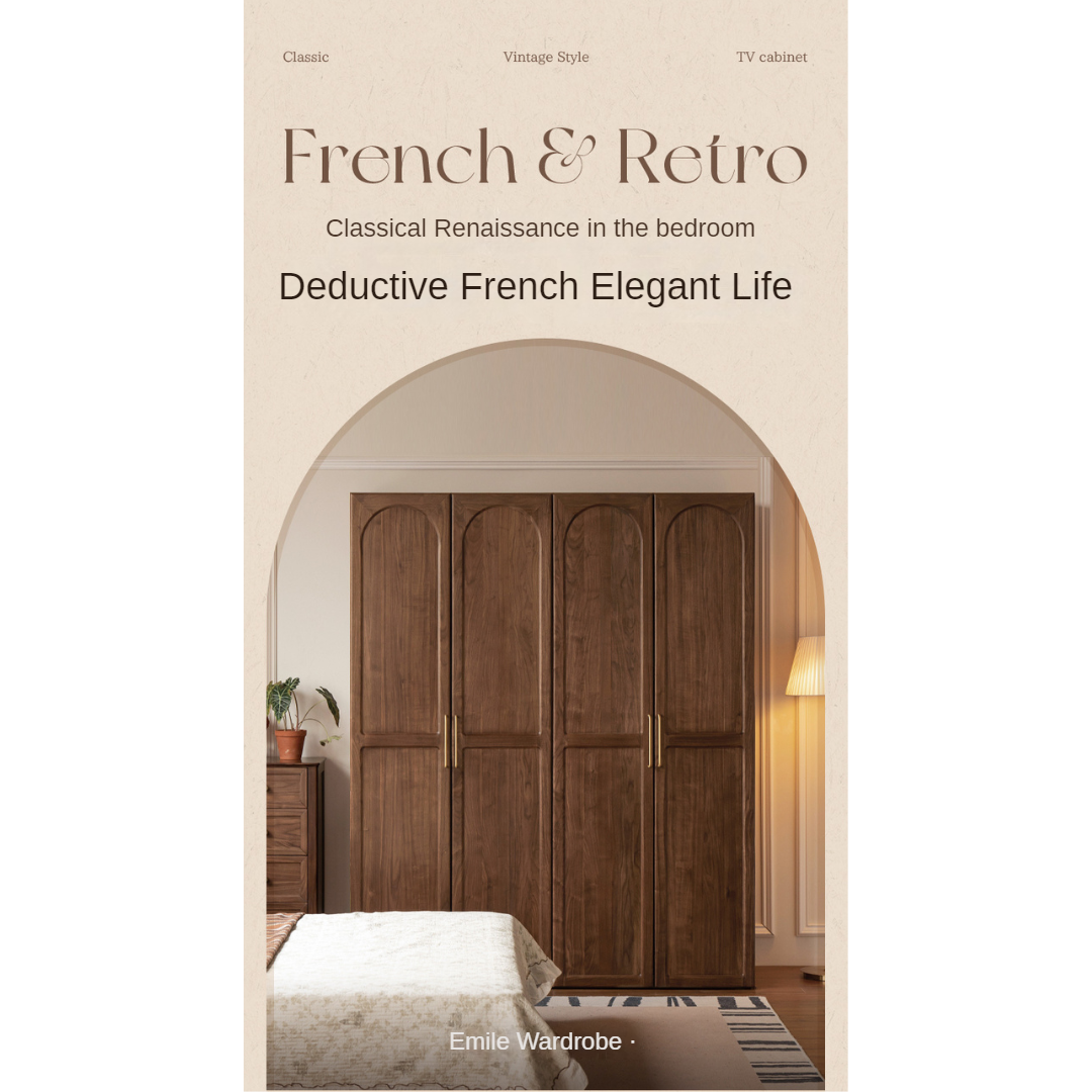 Black Walnut Solid Wood French Retro Wardrobe.