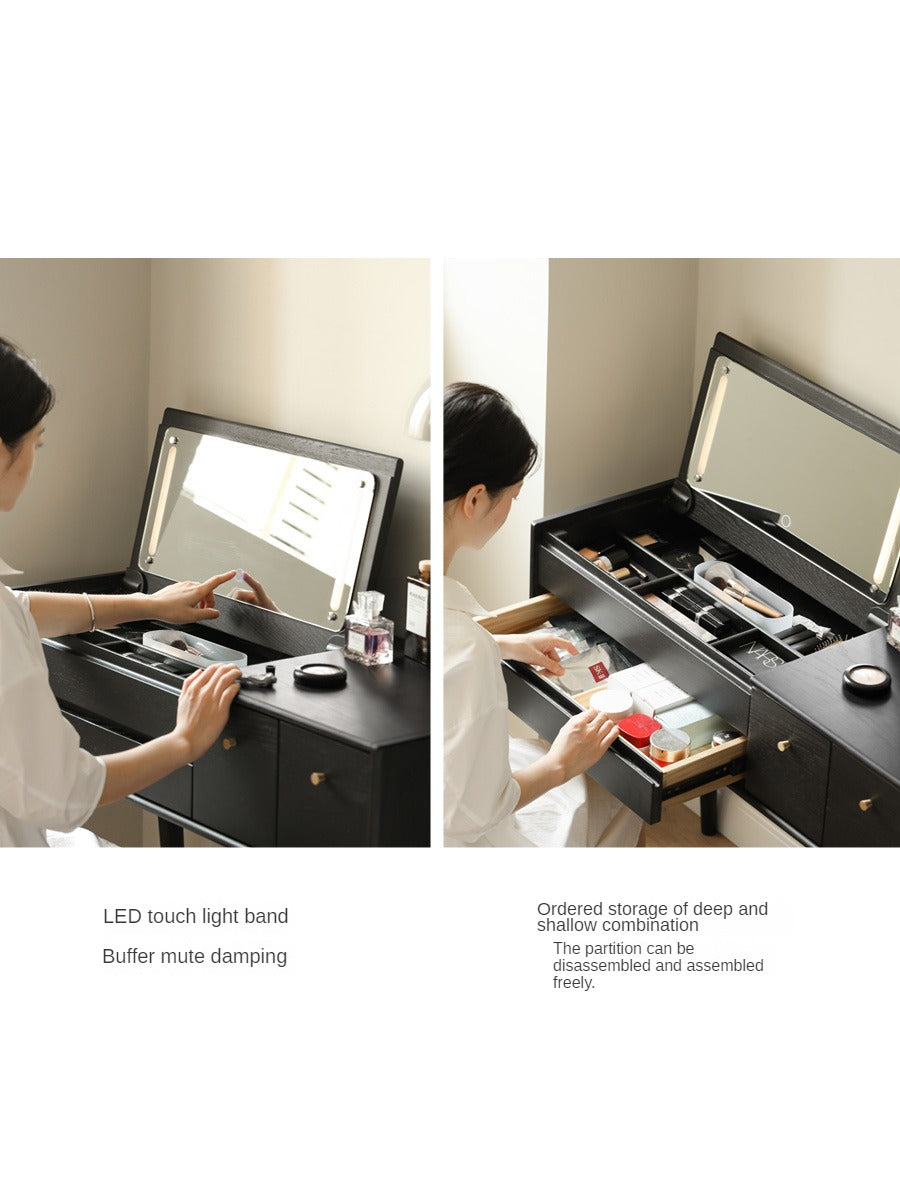 Oak Solid Wood Black Makeup Table Mirror LED Touch.