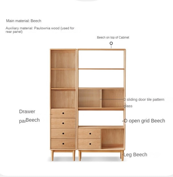 Beech Solid Wood Bookcase with Spacious Cabinet Storage