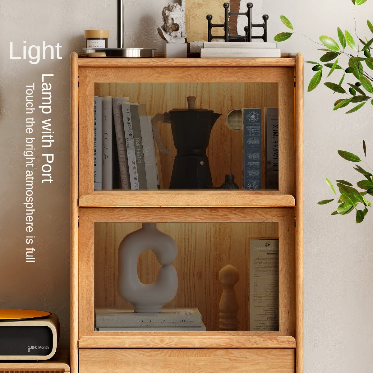Oak, Ash Solid Wood Flip Door Side Cabinet LED Light