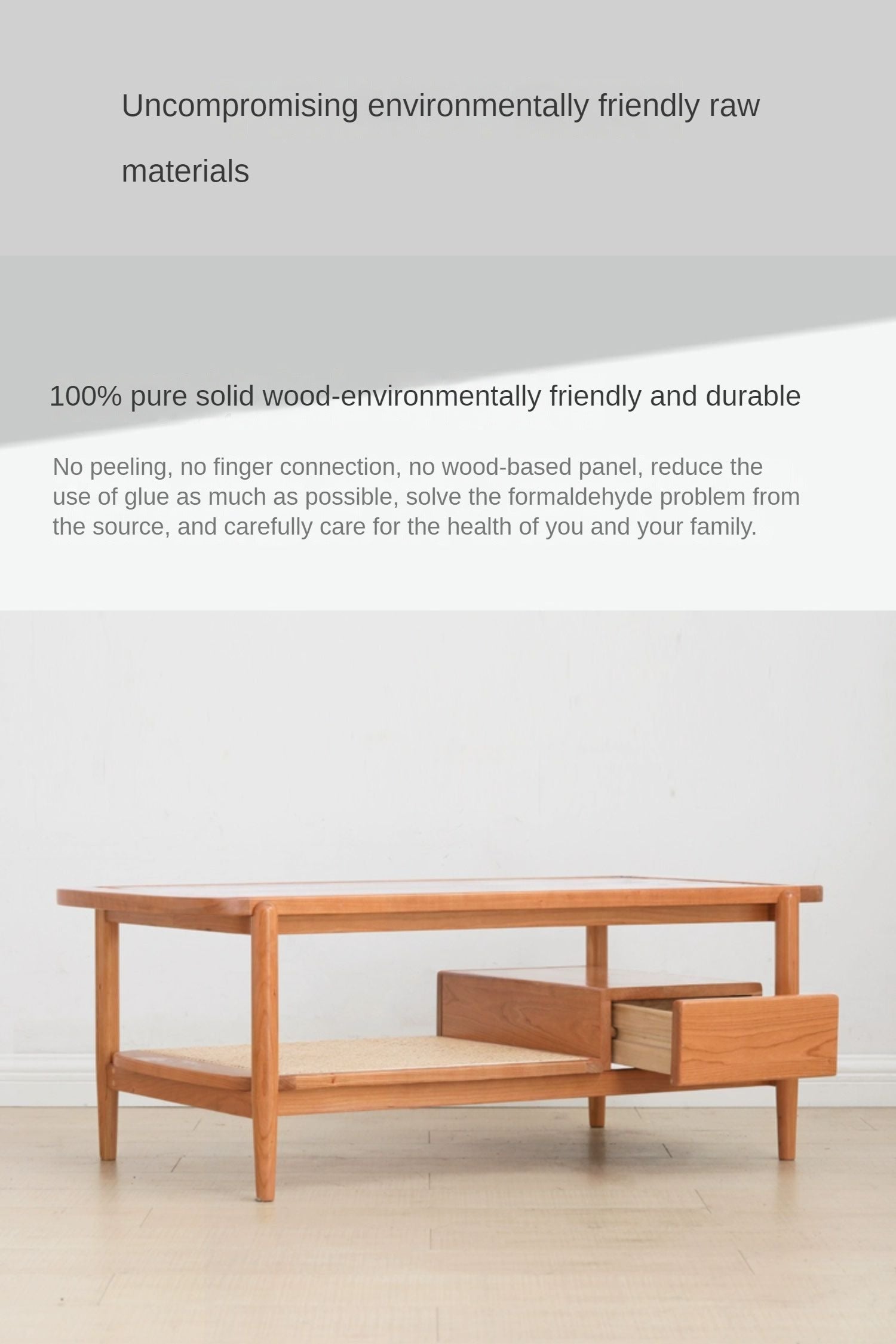 Cherry Solid Wood Coffee Table Glass, Rattan