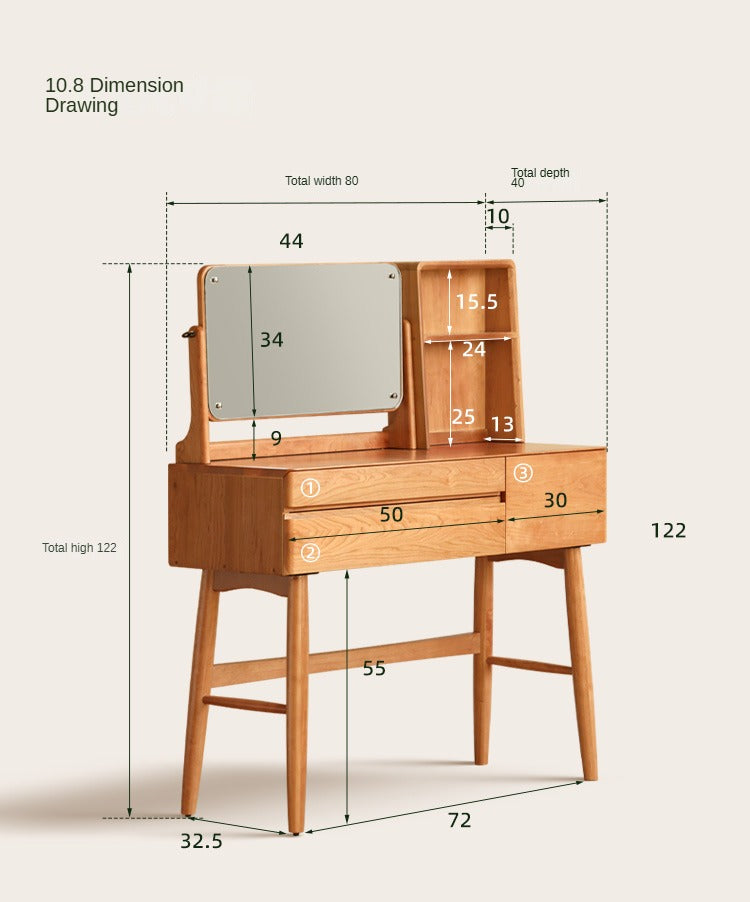 Cherry Solid Wood Dressing Table Nordic Makeup Mirror.