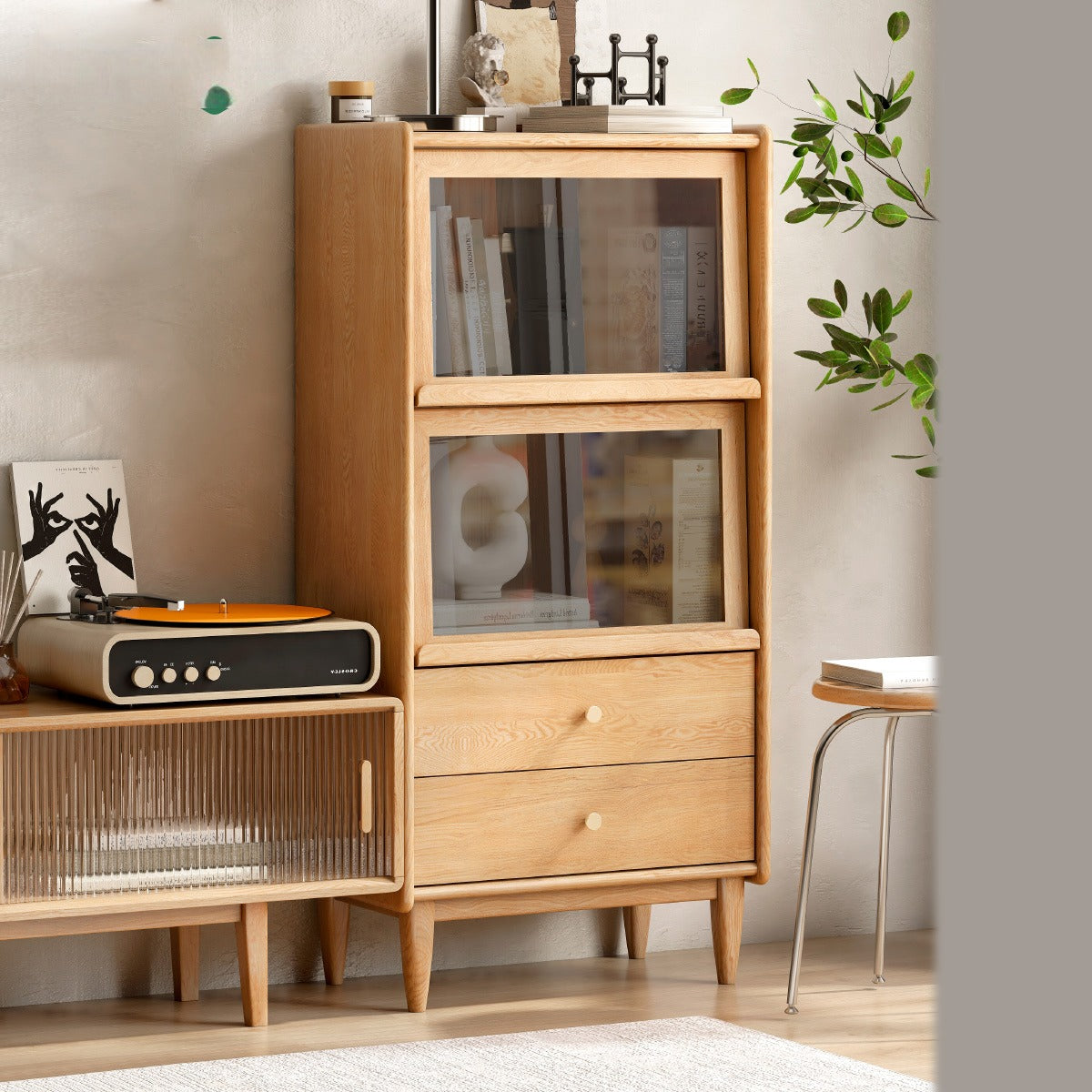 Oak, Ash Solid Wood Flip Door Side Cabinet LED Light