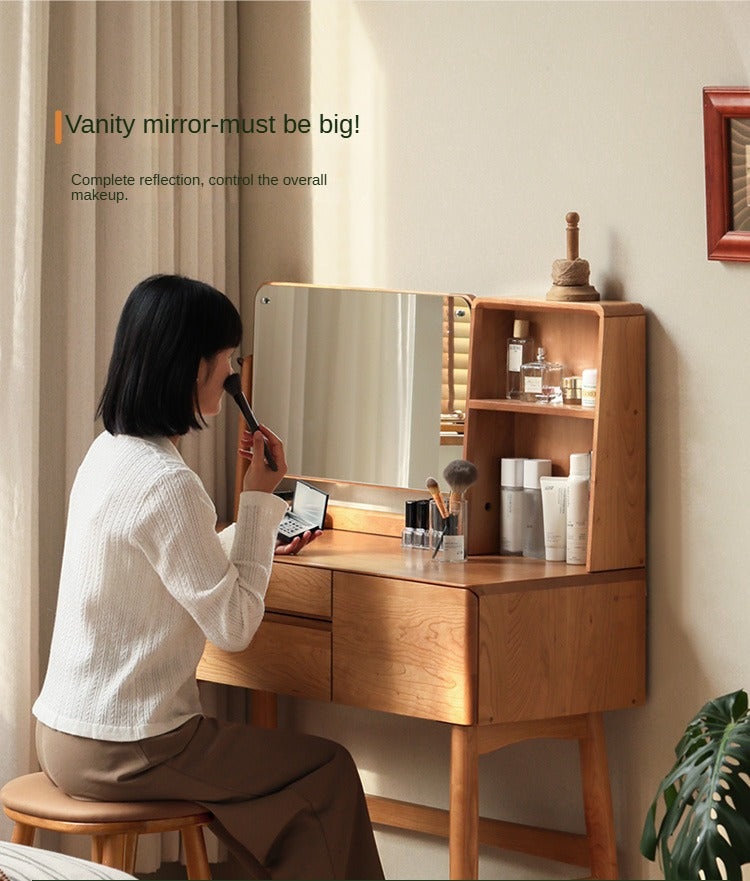 Cherry Solid Wood Vanity Table Nordic Makeup Mirror.