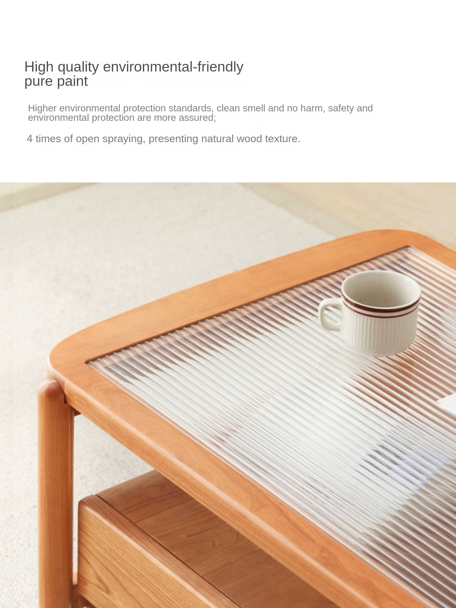 Cherry Solid Wood Coffee Table Glass, Rattan