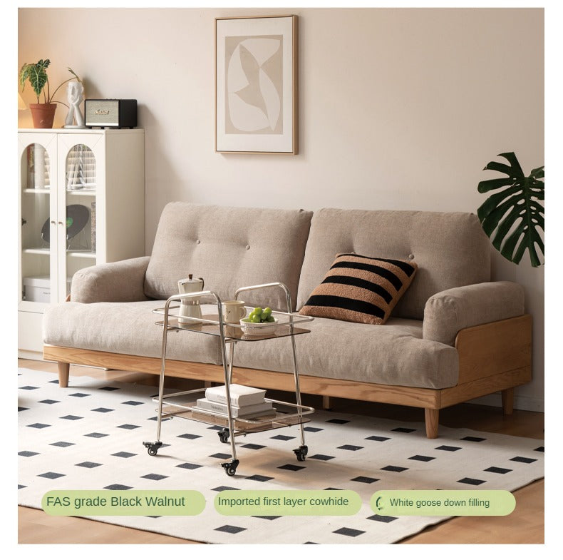 Oak Solid Wood Leather, Fabric High Back Sofa