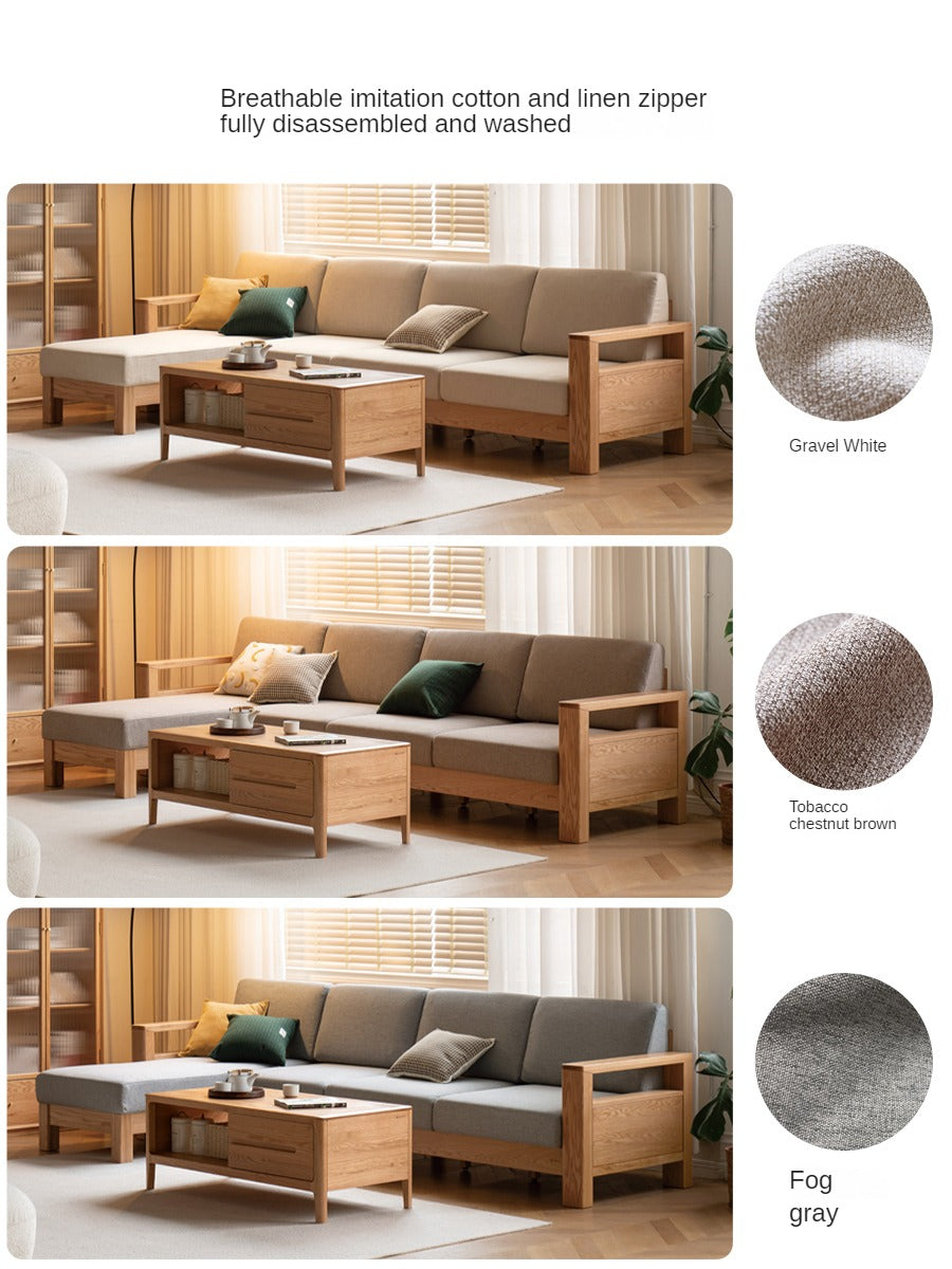Solid Rubberwood, Oak Solid Wood Cotton Fabric Sofa