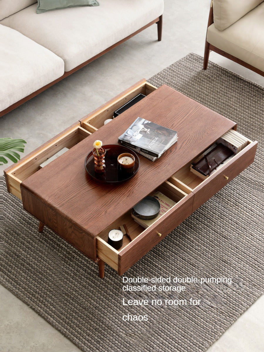 Oak Solid Wood Double-Sided Four-Drawer Coffee Table