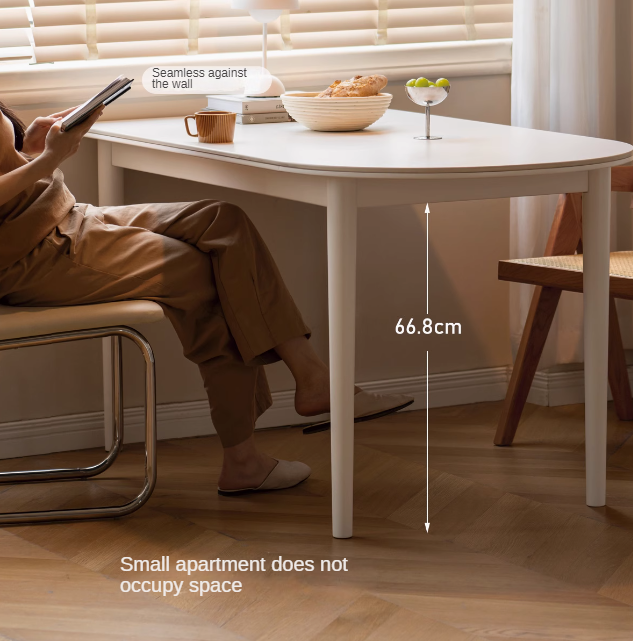 Rubberwood Solid Cream Style Semi-Circular Rock Plate Dining Table