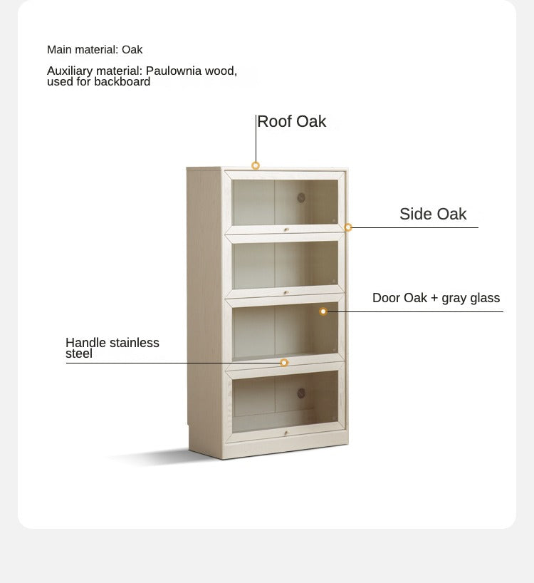 Oak Solid Wood Bookcase Cream Flip Door Glass Display Cabinet