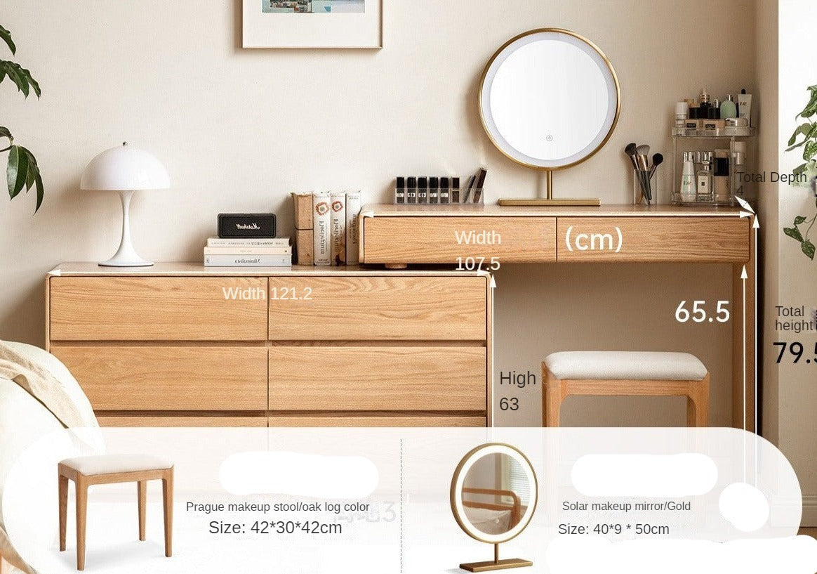 Oak, Ash Solid Wood Retractable Vanity Table Storage Cabinet.