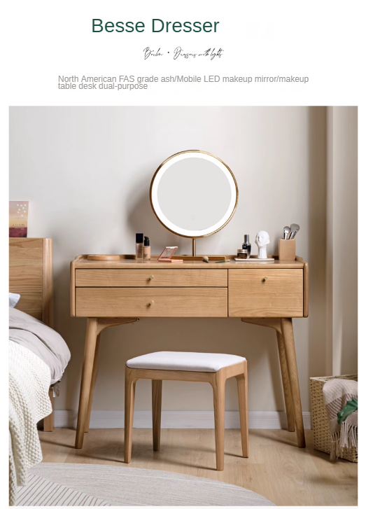 Ash Solid Wood Dressing Table LED Makeup Mirror.