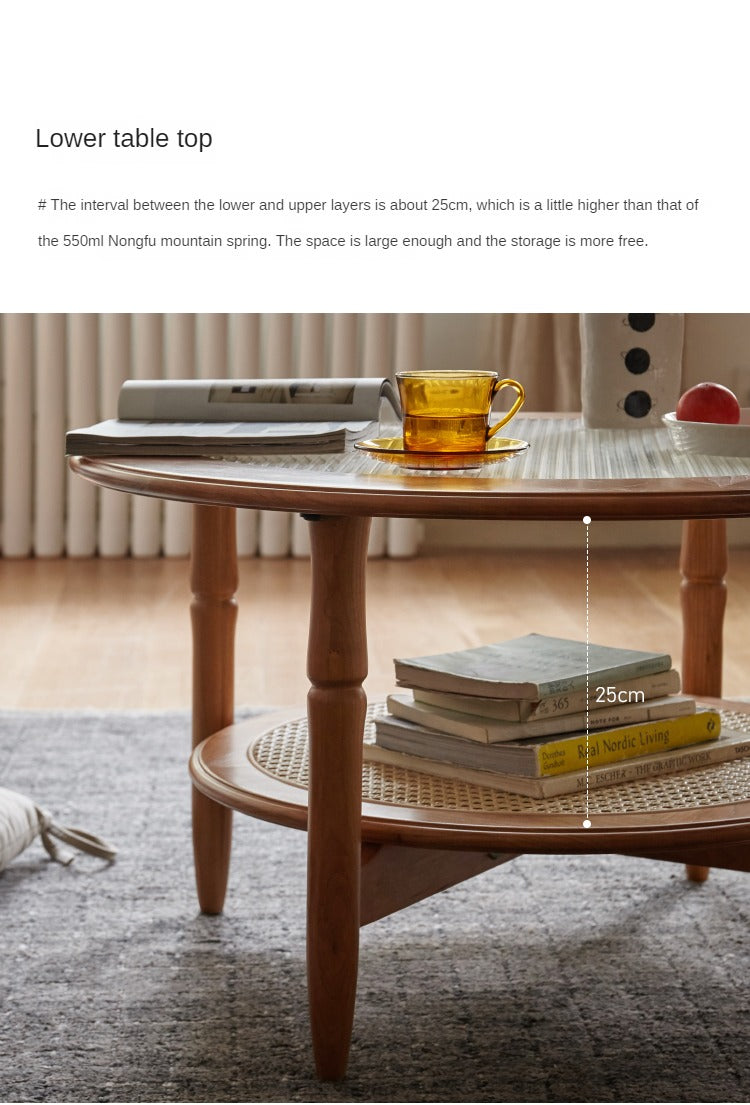 Cherry Wood Solid Wood Glass Round Coffee Table