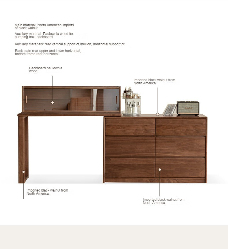 Black Walnut, Walnut Tree Solid Wood Retractable Dressing Table.