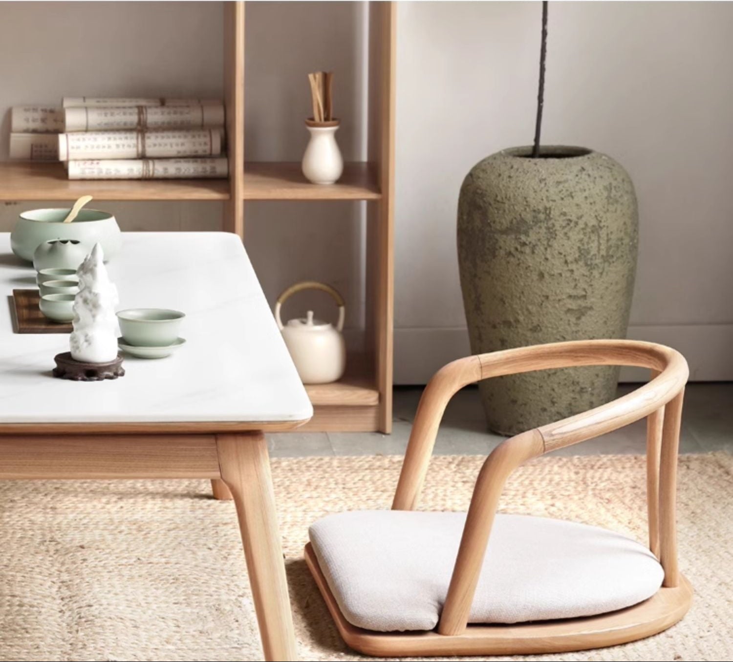 Ash Solid Wood Backrest Legless Low Tatami Chair
