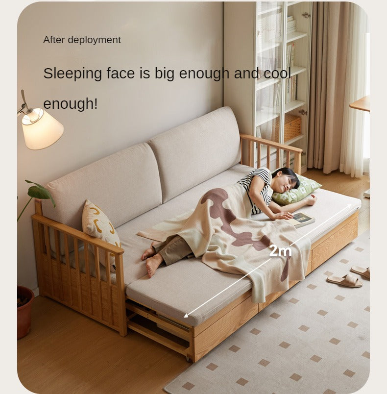 Oak Solid Wood Sitting and Sleeping Dual-purpose Storage Sofa.