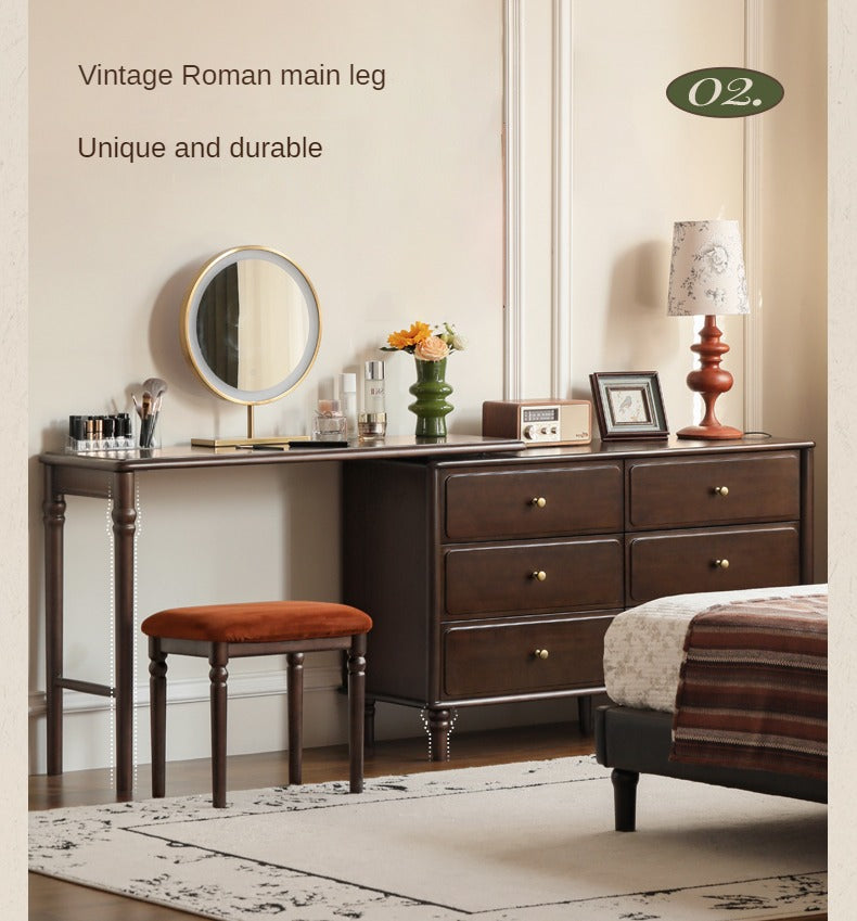 Black Walnut, Poplar Solid Wood American Retro Retractable Dressing Table.