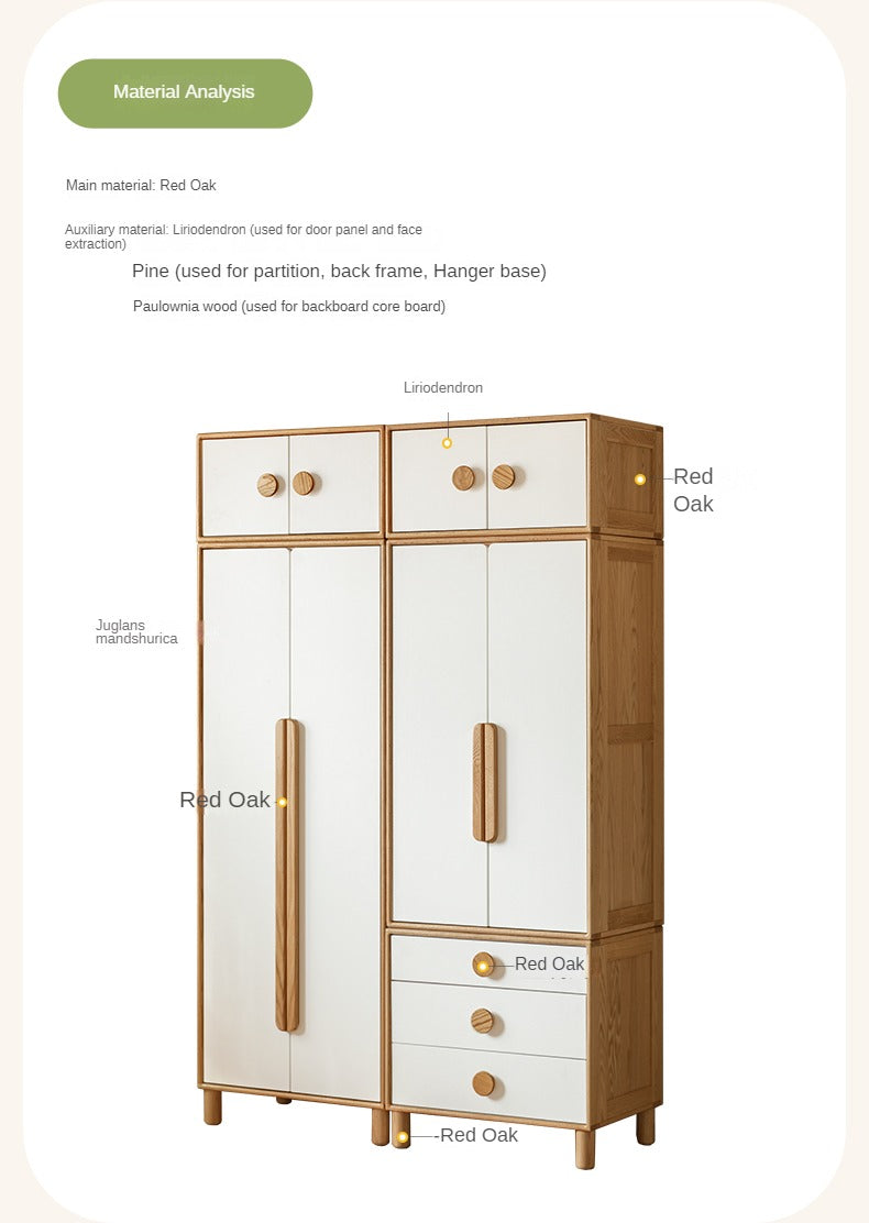 Oak Solid Wood Children's Wardrobe Combination Storage Cabinet
