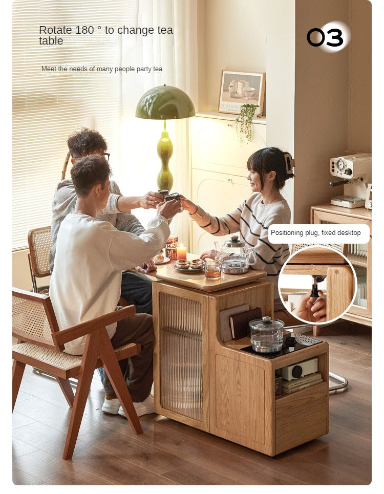 Oak, Black Walnut Solid Wood Movable Tea Cabinet With Tea Maker