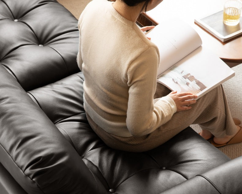 Leather Light Luxury Black Straight Sofa,