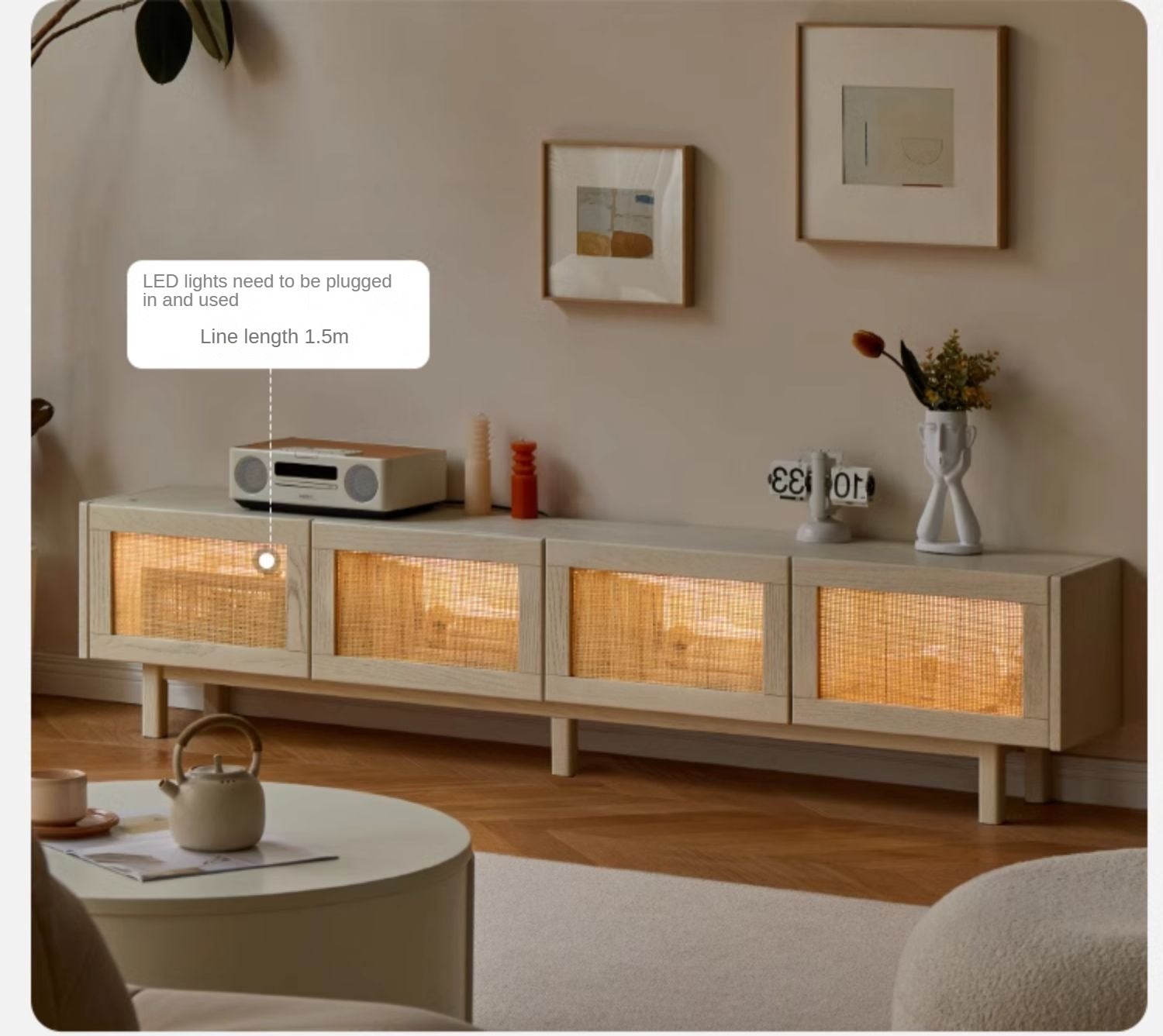 Oak Solid Wood Rattan Suspended TV Cabinet.